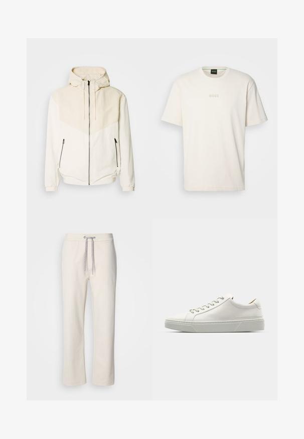 Veste à capuche en blanc cassé avec un pan beige clair contrastant. Équipée d'une fermeture éclair et de poches latérales avec fermetures éclair. Texture lisse.; BOSS TEE - T-shirt basique - open white; Pantalons décontractés couleur crème avec une taille à cordon et des jambes droites, présentés sur un fond blanc uni.; Baskets en cuir blanc avec un bout arrondi, design minimaliste, lacets gris et semelle en caoutchouc gris texturé. Détails de couture subtils visibles.