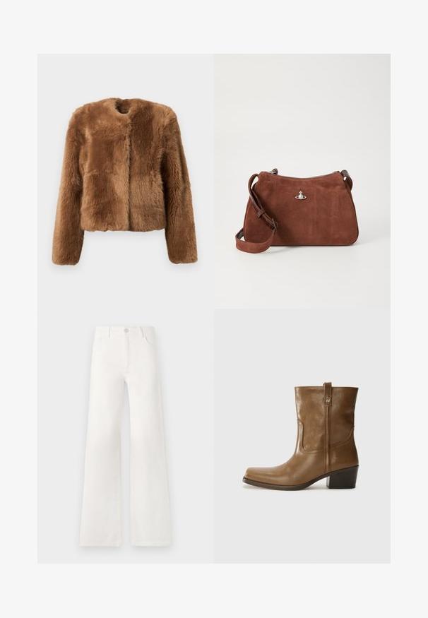 Smeđa jakna od umjetnog krzna s krojem do struka, dugim rukavima i okruglim izrezom. Ima meku, teksturiranu površinu i nema kopčanja.; Bež pleteni pulover s rebrastom, dubokim V-izrezom, dugim rukavima i teksturiranim panelom na prsima. Skraćena dužina s opuštenim krojem.; Bijele, visokotalasne široke traperice. Imaju kopčanje na dugme, dva prednja džepa i bočne šavove s detaljima šivanja.; Smeđa kožna cipela do gležnja sa četvrtastim vrhom, teksturiranim finišem i niskim složenim potpeticom. Ima stražnju petlju za navlačenje i suptilne detalje šivanja.; Smeđi nubuk torba s zatvaranjem na patent, podesivim naramenicama i srebrnim detaljima, s blagom teksturiranom površinom.