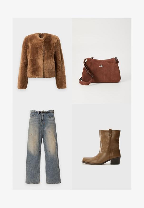 Giacca in finta pelliccia marrone con design corto, maniche lunghe e scollatura tonda. Presenta una superficie morbida e strutturata e senza chiusure.; Maglione a coste beige con scollo a V profondo, maniche lunghe e un pannello testurizzato sul petto. Lunghezza cropped e vestibilità rilassata.; Jeans in denim azzurro chiaro con una vestibilità ampia e gambe dritte. Presentano effetti di usura, scolorimento e dettagli strappati vicino alle ginocchia. Stile classico a cinque tasche.; Stivale alla caviglia in pelle marrone con punta quadrata, finitura testurizzata e tacco basso incassato. Dotato di un pratico tassello posteriore e dettagli di cucitura sottili.; Borsa a spalla in suede marrone con chiusura a zip, tracolla regolabile e dettagli in metallo argentato, caratterizzata da una superficie leggermente testurizzata.