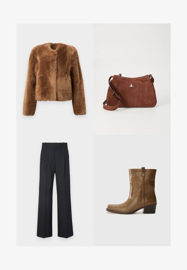 Barna műszőrme dzseki rövidített fazonnal, hosszú ujjakkal és kerek nyakkivágással. Puha, textúrált felülettel rendelkezik, és nincs rajta zárás.; Beige bordázott kötött pulóver mély V nyakkal, hosszú ujjakkal és textúrált panellel a mellkason. Rövidített fazon, laza illeszkedéssel.; Sötétkék csíkos nadrág magas derékkal, széles szárú kialakítással, látható fémrészletek vagy díszítések nélkül. Sima textúra és szabott fazon.; Barna bőrből készült bokacsizma négyzet alakú orral, texturált felülettel és alacsony, rakott sarkával. Hátsó húzófüllel és finom varrási részletekkel rendelkezik.; Barna velúr kézi táska cipzáras záródással, állítható vállpánttal és ezüstösen csillogó kiegészítőkkel, diszkrét texturált felülettel.