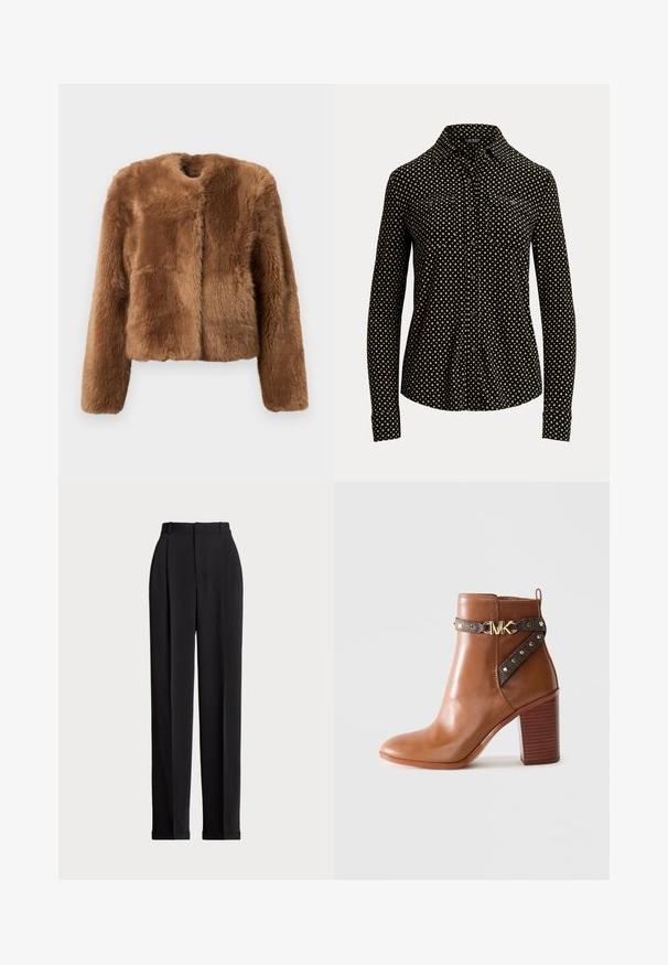Rjava umetna krznena jakna s skrajšanim dizajnom, dolgimi rokavi in okroglim ovratnikom. Ima mehko, strukturirano površino brez zaklepanja.; Črna srajca s kratkimi rokavi in belo kvadratno vzorcem, dolgi rokavi, ovratnik in dva sprednja žepa, izdelana iz mehkega materiala.; Črne krojene hlače z visokim pasom, z naborki spredaj, ravnim krojem in manšetami na koncu. Narejene iz gladkega materiala.; Rjavi usnjeni gležnjarji z blokastim petami, stransko zanko z zlatimi zakovicami in z zlatim sponko z logotipom "MK".