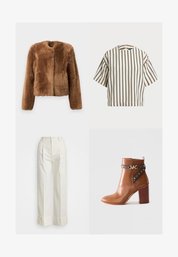 Hnedá umelá kožušina s krátkym strihom, dlhými rukávmi a okrúhlym výstrihom. Má jemný, textúrovaný povrch a žiadne zapínanie.; Krátky rukáv, pruhovaný top v krémovej a námorníckej modrej farbe, s okrúhlym výstrihom a štvorcovým strihom z texturovanej tkaniny.; Biele sako nohavice s vysokým pásom, dvojitými prednými záhybmi a širokými nohavicami s prehnutými manžetami. Vyrobené z hladkej, textúrovanej látky.; Hnedá kožená členková obuv so zúženým blokovým podpätkom, postranným popruhom so zlatými nitmi a zlatou sponou s logom "MK".