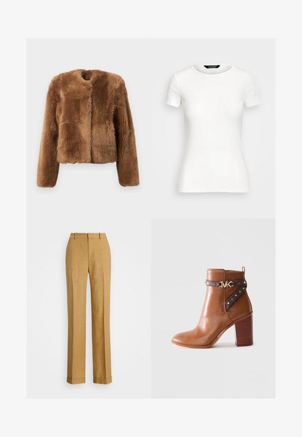 Rjava umetna krznena jakna s skrajšanim dizajnom, dolgimi rokavi in okroglim ovratnikom. Ima mehko, strukturirano površino brez zaklepanja.; Bela bombažna majica s kratkimi rokavi, okroglim ovratnikom, prilegajočim krojem in gladko teksturo. Oznaka logotipa na ovratniku.; Polo Ralph Lauren YARD LINEN FULL FLAT FRONT - Hlače - sand dune; Rjavi usnjeni gležnjarji z blokastim petami, stransko zanko z zlatimi zakovicami in z zlatim sponko z logotipom "MK".