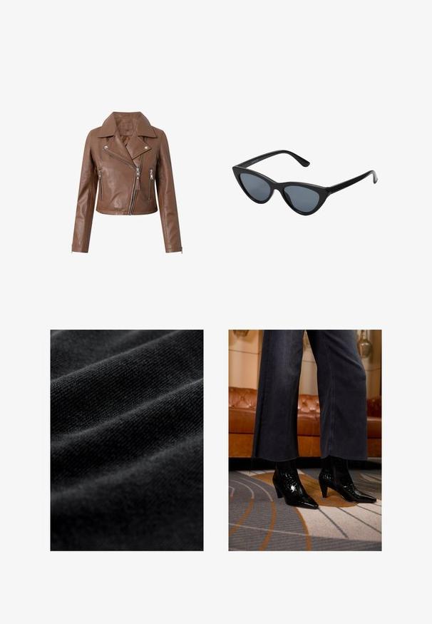 Hnědá kožená motorkářská bunda s krátkým střihem, širokými klopami, asymetrickým zapínáním na zip a dvěma kapsami na zip. Měkká textura.; Černý žebrovaný rolák s dlouhými rukávy a těsným střihem. Textura je hladká s vodorovným žebrováním.; Černá látka s hladkou, měkkou texturou, obsahující jemné horizontální záhyby a jednotný vzor tkaní. Žádné viditelné vzory ani ozdoby.; Černé kožené ankle boot s špičatou špičkou a texturovaným povrchem, nošené pod roztrhaným černým kalhotami s širokými nohavicemi na vzorovaném koberci.; Černé sluneční brýle ve stylu "cat-eye" s tmavě šedými skly, elegantním plastovým rámečkem, špičatými rohy a rovnými stranami. Bez viditelného kování nebo ozdob.