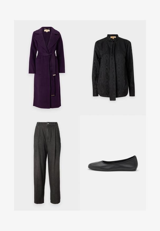 Cappotto trench in lana viola con colletto a serafino, vita abbottonata e due tasche frontali. Presenta una superficie liscia e dettagli in hardware dorato.; Blusa nera in tessuto liscio, con un sottile motivo tonale, maniche lunghe, colletto alzato e chiusura a cravatta al collo.; Pantaloni in denim grigio scuro con vita alta, pieghe frontali, gambe dritti e chiusura con un solo bottone in vita.; Pantofole da balletto nere in pelle con punta arrotondata, texture liscia, dettagli di cucitura minimi e design con suola flessibile.