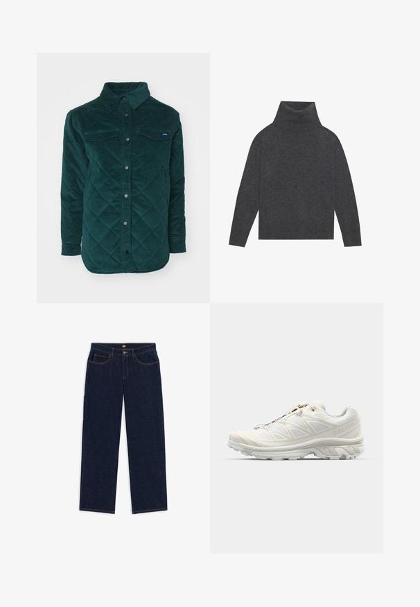 Quiltet, mørkegrøn kordfløjl skjortejakke med knaplukning foran, to brystlommer og klassisk krave. Textureret stof med et diamantmønster.; Grå turtleneck sweater lavet af et blødt, struktureret strik. Har lange ærmer og en afslappet, kasseformet pasform med ribkant i kanten og på ærmerne.; Mørkeblå denim jeans med lige pasform, fem lommer og kontrasterende orange syninger. Livremmen har en metalknap og lynlås.; Hvid løbesko med en åndbar mesh-overdel, teksturerede detaljer og en polstret sål. Udstyret med et hurtigt-lace system for nemtilpasning.