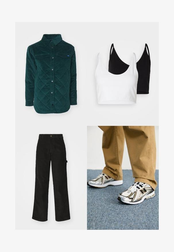 Quiltet, mørkegrøn kordfløjl skjortejakke med knaplukning foran, to brystlommer og klassisk krave. Textureret stof med et diamantmønster.; To bomulds crop tops i hvid og sort. Hver har en dyb udskæring og tynde skulderstropper, der har en glat, blød tekstur.; Sorte kordfløjsbukser med et lige ben-design, der har en knaplukning og sidelommer. Glat tekstur med fine lodrette striber.; Hvide og sølv New Balance sneakers med sorte accenter og snørebånd, der har en mesh-overdel, polstret sål og dynamisk design.