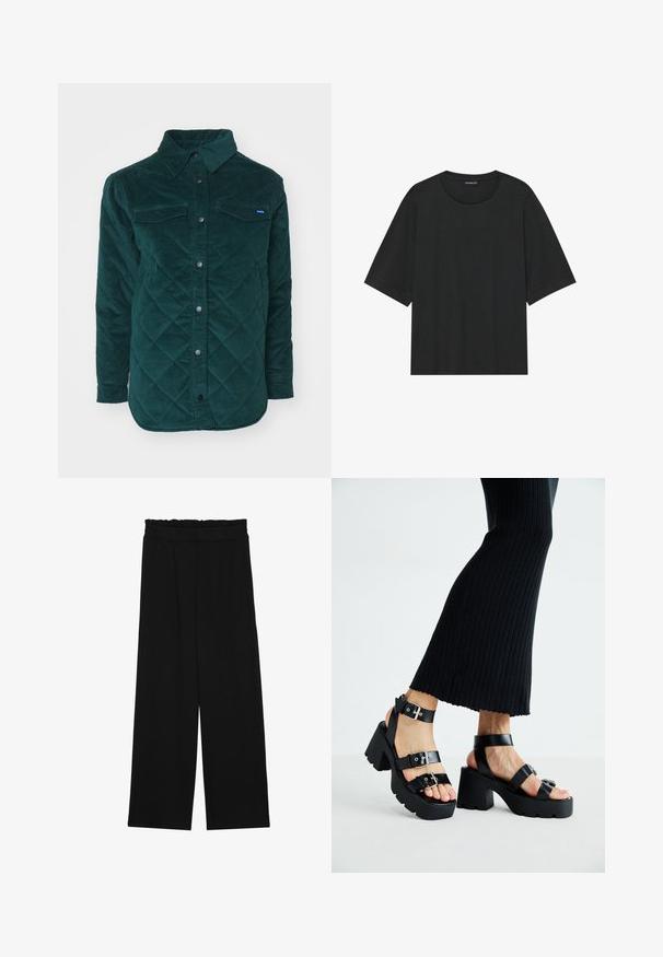 Quilted dark green corduroy shirt jacket with a button-up front, two chest pockets, and a classic collar. Textured fabric with a diamond pattern.; Black short-sleeve t-shirt made of cotton. Features a round neck, relaxed fit, and clean hem with no visible patterns or hardware.; Black wide-leg trousers with a ruffled waistband, featuring two side pockets and a smooth, lightweight fabric. No visible patterns or hardware.; Black platform sandals with chunky, lug soles and multiple straps, featuring metal buckles and a smooth leather-like texture.