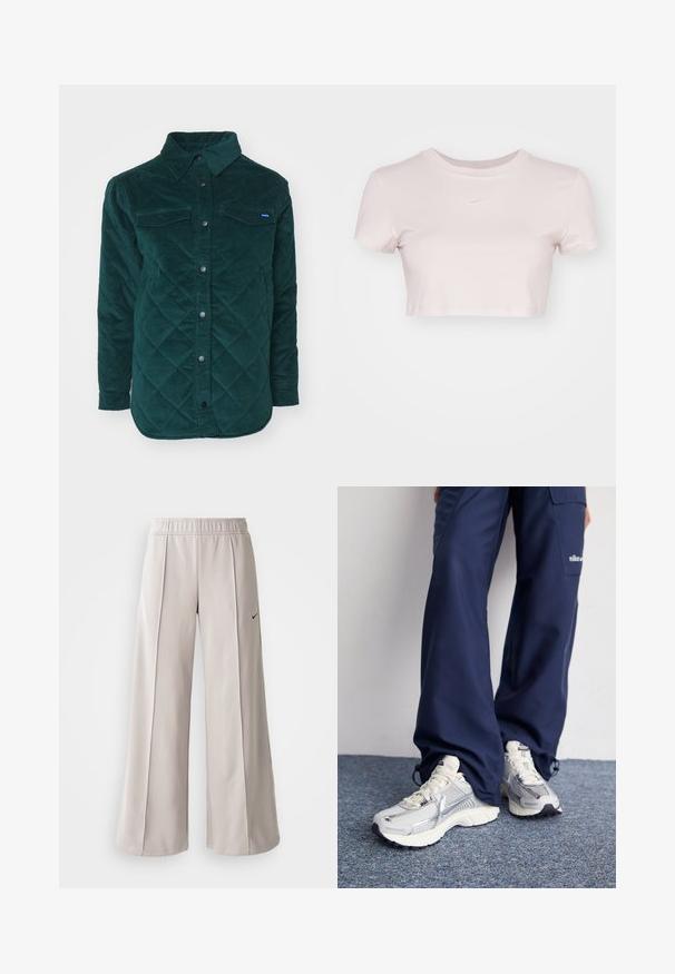 Padded tmavo zelená kordurová košeľa s bundou, s zapínaním na gombíky, dvoma náprsnými vreckami a klasickým golierom. Textúrovaná tkanina s diamantovým vzorom.; Skraćené tričko svetloružovej farby, vyrobené z mäkkej tkaniny. Má okrúhly výstrih a krátke rukávy s malým bielym logom Nike na hrudi.; Svetlo šedé nohavice s širokým strihom vyrobené z hladkej tkaniny. Obsahujú elastický pás a čierne logo Nike na ľavej strane.; Športové topánky Nike s strieborným sieťovaným zvrškom, bielymi detailmi a textúrovanými podrážkami, skombinované s voľnými námorníckymi nohavicami.