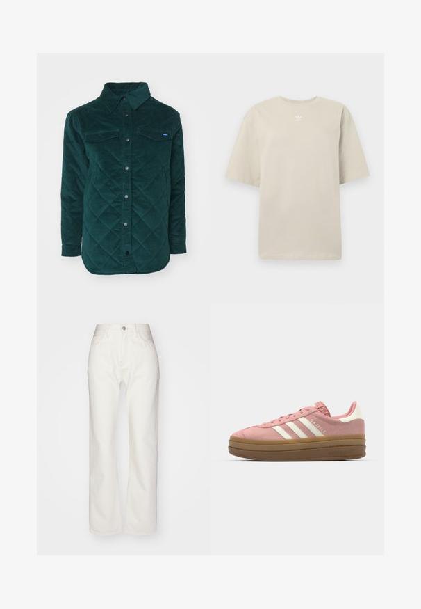 Tkanina z oglašeno zelenim kordom, podložena jakna s gumbi spredaj, dvema žepoma na prsih in klasičnim ovratnikom. Teksturno blago z dvema dimenzijama.; Bež bombažna majica s kratkimi rokavi, okroglim izrezom in majhnim belim logotipom Adidas na prsih. Mehka tekstura, sproščen kroj.; Beli džins hlače z visokim pasom in širokim krojem. Imajo zadrgo in gumb, zanke za pas ter subtilne šive.; adidas Originals GAZELLE BOLD - Športni copati - mauve/off white