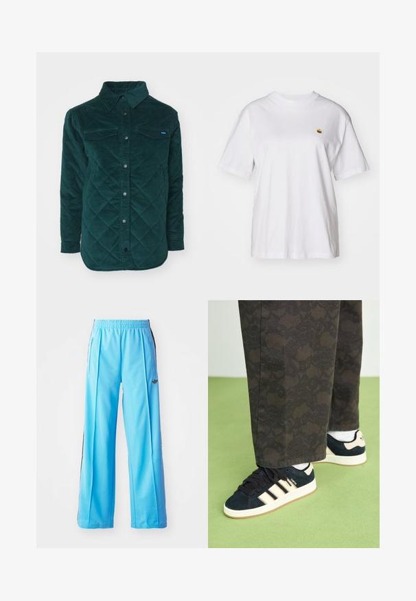 Quilted dark green corduroy shirt jacket with a button-up front, two chest pockets, and a classic collar. Textured fabric with a diamond pattern.; White cotton t-shirt with a relaxed fit, short sleeves, and a small embroidered logo on the left chest area.; Light blue athletic pants with an elastic waistband, side zippers, and black side accents. Soft fabric with a loose, wide-leg design.; Black and patterned trousers paired with navy suede sneakers featuring cream stripes and white soles. Surfaces shown are textured and flat.