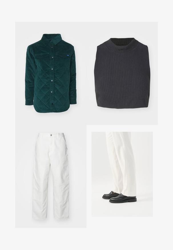 Quiltet, mørkegrøn kordfløjl skjortejakke med knaplukning foran, to brystlommer og klassisk krave. Textureret stof med et diamantmønster.; Afkortet ribbet top i mørk navy, med høj halsudskæring og et subtilt Nike-logo. Stoffet har en struktureret, strækbar overflade.; Hvide cargo-bukser lavet af denim, med en afslappet pasform, sidelommer og synlige syninger. Ensfarvet front med knaplukning.; Sorte læder loafers med en glat overflade, syninger og en rund tå, parret med hvide skræddersyede bukser.
