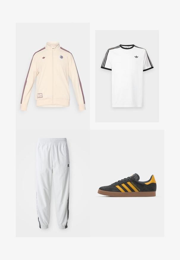adidas Originals AJAX ICON TRACK TOP - Roupa de discoteca - halo ivory; T-shirt de algodão branco com decote e mangas caneladas pretas, apresentando três riscas pretas em cada ombro e um pequeno logotipo no peito.; Calças de treino brancas com riscas laterais pretas, cintura elástica e punhos; apresenta o logotipo da Adidas na coxa esquerda. Textura de tecido suave.; Tenis em camurça preta com detalhes amarelos, apresentando três riscas e uma sola de borracha castanha. Inclui uma língua acolchoada para maior conforto.