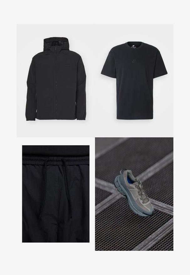 Sort zip-jakke med hætte. Har elastiske cuffe, en tekstureret overflade og et subtilt logo på brystet. Letvægtsdesign.; Nike sort bomulds t-shirt med en klassisk rund hals, korte ærmer og et diskret, præget logo på brystet. Glat tekstur.; Sorte shorts med snoretræk i taljen, letvægtsstof med en glat tekstur og et simpelt design uden synlige logoer eller mønstre.; Beige og grå sportsko med tekstureret mesh-overdel, rund tå og gummisål, med snørebånd og polstret krave.