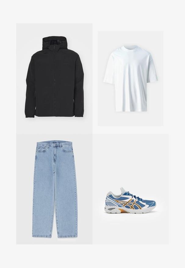 Sort zip-jakke med hætte. Har elastiske cuffe, en tekstureret overflade og et subtilt logo på brystet. Letvægtsdesign.; Hvid kortærmet t-shirt lavet af blødt bomuld. Har en rund halsudskæring, afslappet pasform og glat tekstur. Ingen synlige mønstre eller accenter.; Lyseblå denimjeans med straight leg-design, der har en mid-rise talje, fem lommer og en lukning med knap og lynlås.; Blå atletik sko med mesh-overdel, hvide og orange accenter, polstret mellemsål og struktureret gummisål. Har snørebåndsdesign.