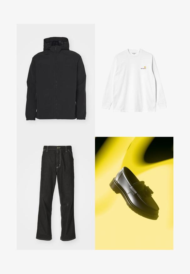 Zwarte zip-up jack met een capuchon. Heeft elastische manchetten, een gestructureerd oppervlak en een subtiele logo op de borst. Lichtgewicht ontwerp.; Witte katoenen T-shirt met lange mouwen en ronde hals, met een klein geel en bordeaux logo op de linkerborst. Naadloze manchetten en zoom.; Zwarte denim jeans met een losse pasvorm, voorzien van contrasterende witte stiksels, een knoopsluiting en een recht ontwerp.; Zwarte leren instappers met een decoratieve kwast, voorzien van een gestikte rand en een dikke, gestructureerde zool. Geplaatst tegen een gele achtergrond.
