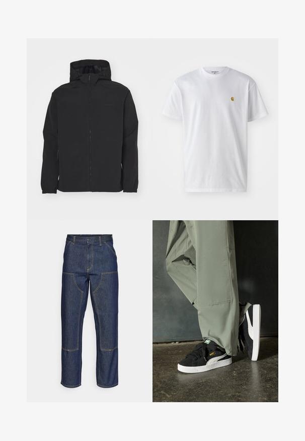 Casaco preto com fecho zip e capuz. Apresenta punhos elásticos, uma superfície texturizada e um logótipo discreto no peito. Design leve.; T-shirt branca de algodão com mangas curtas, decote redondo, apresentando um pequeno logótipo dourado na área do peito esquerdo. Textura macia e ajuste regular.; Jeans de ganga escura com uma cintura alta, design de perna reta, costuras em contraste e bolsos de remendo na frente.; Sapatilhas de camurça pretas com solas de borracha branca e riscas laterais, combinadas com calças de carga verde claro, em pé sobre uma superfície escura e texturizada.