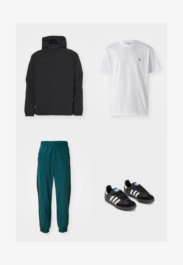 Jachetă neagră cu fermoar, dotată cu glugă. Prezintă manșete elastice, o suprafață texturată și un logo subtil pe piept. Design ușor.; Tricou alb din bumbac, cu mâneci scurte, gât echipat, având un mic logo auriu în zona stânga a pieptului. Textură moale și croială normală.; Pantaloni atletici în nuanța teal, cu talie cu șnur, manșete elastice și dungi negre pe laterale. Conținuți dintr-un material ușor, cu un logo aproape de șold.; Tenisi negri cu superior din suede și sintetic, având trei dungi albe, talpă din cauciuc texturat și etichetă albastră cu logo pe limbă.