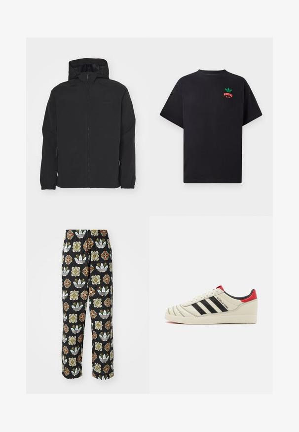 Svart hettejakke med glidelås. Har elastiske mansjetter, en strukturert overflate og en subtil logo på brystet. Lett design.; Svart bomull T-skjorte med korte ermer, med et grønt og rødt Adidas-logo design på brystet. Enkel, avslappet passform.; Sorte bukser med et intrikat mønster af forskellige former, herunder blomstermotiver og striber i orange, grøn og hvid.; Kremfargede lærtreninger med svarte striper, røde hælaccents og teksturerte detaljer. Har gummisåle og snøring.