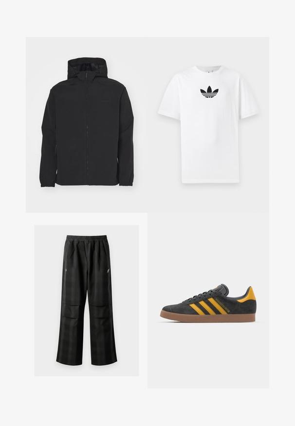 Giacca nera con zip e cappuccio. Presenta polsini elasticizzati, una superficie texturizzata e un logo discrerto sul petto. Design leggero.; T-shirt bianco in cotone con logo Adidas nero al centro. Maniche corte e design con girocollo. Texture liscia.; Pantaloni a quadri neri con vita elasticizzata, due tasche frontali e una vestibilità ampia con design a gamba dritta. Realizzati in materiale leggero.; Sneaker in suede nero con dettagli gialli, dotato di tre strisce e una suola in gomma marrone. Include una linguetta imbottita per il comfort.