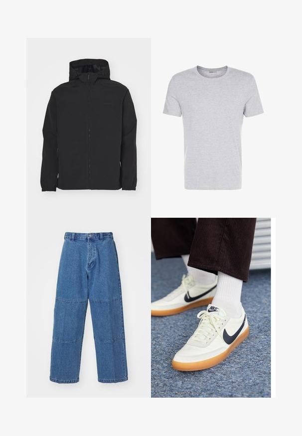 Melnā jaka ar rāvējslēdzēju un kapuci. Iezīmētas elastīgas aproces, teksturēta virsma un diskrēta logo uz krūtīm. Viegls dizains.; Pelēks kokvilnas T-krekls ar apaļu kakla izgriezumu, īsām piedurknēm un vienkāršu dizainu, ar maigu, gludu tekstūru un bez redzamām rakstiem vai rotājumiem.; Gaiši zili džinsu bikses ar brīvu piegriezumu, piedāvājot divas atšķirīgas auduma paneļus, priekšējo pogu aizdari un platas kājas.; Baltās ādas Nike sporta apavi ar tumši zilu swoosh, ar gumijas zoli un baltiem šņorēm, kombinēti ar baltām sporta zeķēm un tumšām korduroja biksēm.