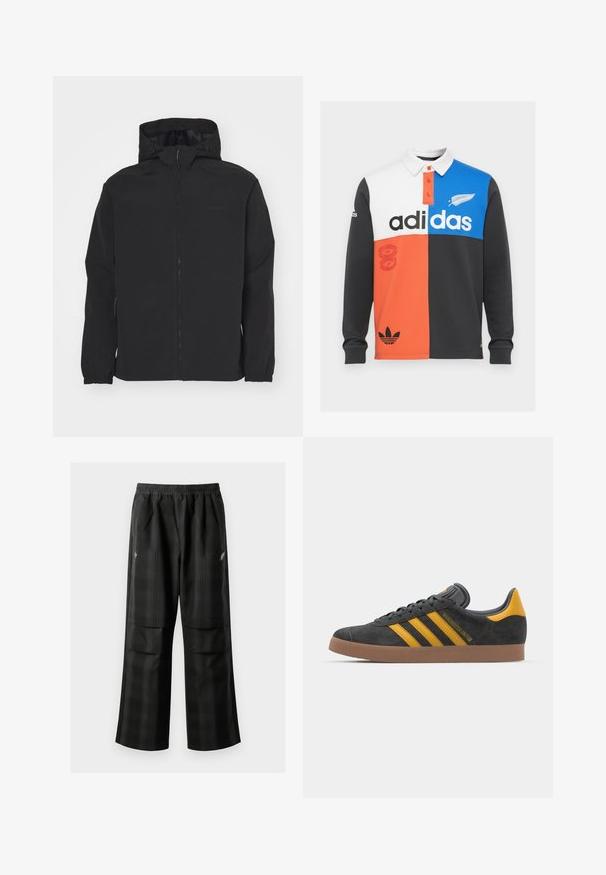 Čierna zipsová bunda s kapucňou. Obsahuje elastické manžety, štruktúrovaný povrch a diskrétne logo na hrudi. Ľahký dizajn.; Polo tričko s dlhými rukávmi v farebnom blokovaní v čiernej, bielej, oranžovej a modrej farbe, s golierom, knoflíkovou légou a výrazným brandingom Adidas.; Čierne kockované nohavice s elastickým pásom, dvoma prednými vreckami a voľným strihom so rovnými nohavicami. Vyrobené z ľahkého materiálu.; Čierne semišové tenisky so žltými akcentmi, ktoré majú tri pruhy a hnedú gumovú podrážku. Obsahujú vypolstrovaný jazyk pre pohodlie.