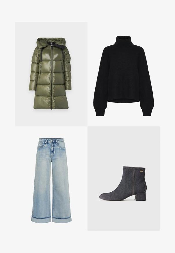 Olivgrön puffjacka med glansig yta, med huva, svarta remmar och två sidofickor med dragkedja. Rak skärning med framdragkedja.; Svart polotröja med kort design, tillverkad av fluffigt material. Har vida ärmar och en ribbad textur vid kragen.; Ljusblå denim byxor med vida ben och hög midja, med uppvikta fållar, fem fickor och kontrasterande sömmar.; Mörk denim ankelsko med spetsig tå, blockklack, synlig sömnad och en diskret logotyp på sidan. Slät textur.