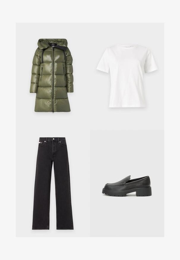 Olīvzaļa pūkaina virsjakas ar spīdīgu apdari, ar kapuci, melniem siksnām un divām sānu rāvējslēdzēju kabatām. Taisna piegriezuma, ar priekšējo rāvējslēdzēju.; Baltas kokvilnas T-krekls ar īsām piedurknēm, apaļu kakla izgriezumu un brīvu piegriezumu. Gluda tekstūra, bez rakstiem vai akcentiem, minimālistisks dizains.; Melni platmalu džinsi, kas izgatavoti no denima, ar augstu vidukli, piecu kabatu dizainu un metāla pogas aizdari ar kontrastējošu šuvumu.; Melnas ādas mokasīni ar noapaļotu purngalu, biezs teksturēts zoles un minimālas dūriena detaļas. Gluds dizains bez redzamām auklām vai metāla elementiem.