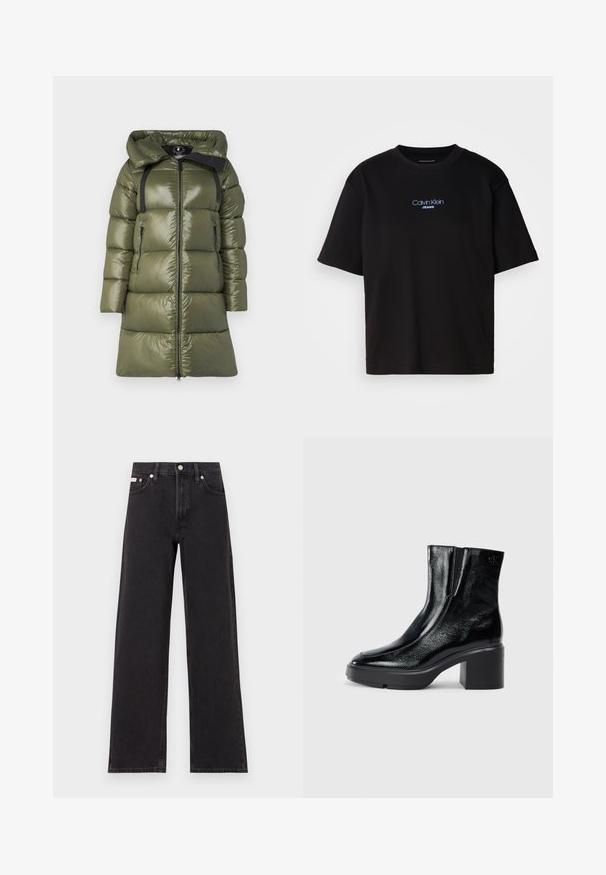 Olive green puffer coat with a glossy finish, featuring a hood, black straps, and two side zip pockets. Straight cut with a front zipper.; Black cotton t-shirt with a round neck, short sleeves, and blue embroidered "Calvin Klein JEANS" logo on the front.; Black wide-leg jeans made of denim, featuring a high-rise waist, five-pocket styling, and a metal button closure with contrasting stitching.; Black patent leather ankle boots with a curved toe, elastic side panels, and a chunky block heel. Features embossed logo on the back.