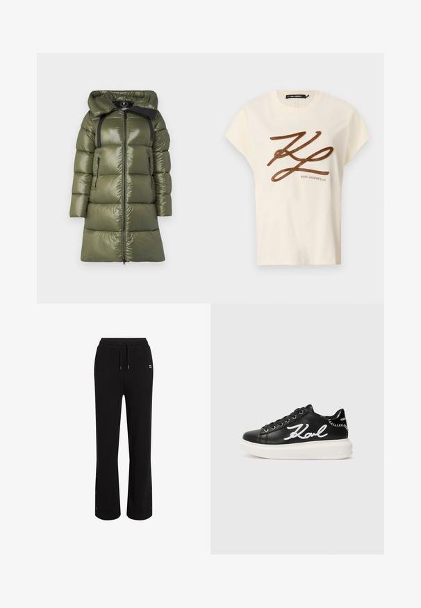 Olivgrön puffjacka med glansig yta, med huva, svarta remmar och två sidofickor med dragkedja. Rak skärning med framdragkedja.; Krämfärgad bomulls-t-shirt med korta ärmar, med en brun broderad logotyp och skriptdesign på framsidan.; Svarta sweatpants med avslappnad passform, dragsko i midjan och tryckknappdetaljer vid vristen. Gjorda av mjukt, andningsbart tyg.; Svart lädersneaker med vit broderad "Karl"-detalj, rund tå, snörning och en tjock vit sula med texturerade accenter.