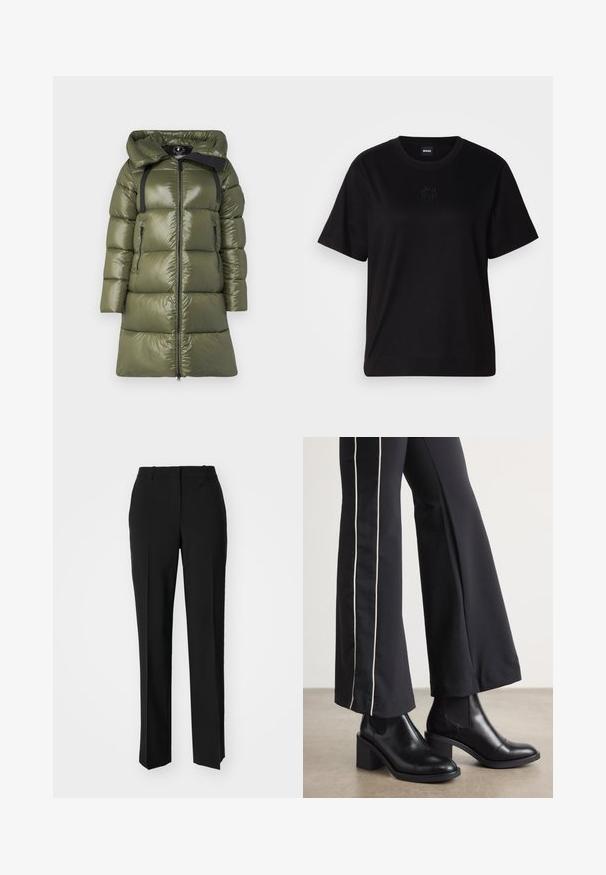 Giacca a vento verde oliva con finitura lucida, dotata di cappuccio, spalline nere e due tasche laterali con zip. Taglio dritto con zip frontale.; Maglietta in cotone nera con scollatura tonda, maniche corte e logo ricamato sul petto. Design semplice e vestibilità rilassata senza motivi.; Pantaloni neri su misura con un design a gamba dritta, caratterizzati da una texture liscia e pieghe ben definite sul davanti. Senza hardware visibile.; Stivaletti in pelle nera con tacco a blocco, dotati di pannelli elastici sui lati. Abbinati a pantaloni neri con una striscia bianca laterale.