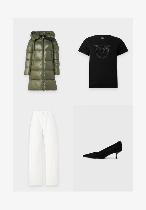 Giacca a vento verde oliva con finitura lucida, dotata di cappuccio, spalline nere e due tasche laterali con zip. Taglio dritto con zip frontale.; T-shirt nera realizzata in cotone, con un design di perline a motivo circolare sul frontale. Maniche corte e collo rotondo.; Jeans bianchi a gamba larga in cotone, con vita alta, due tasche frontali e chiusura a un bottone con zip.; Scarpa nera in suede con tacco alto appuntito e tacco sottile e basso. Texture liscia con un design elegante, priva di accessori visibili.