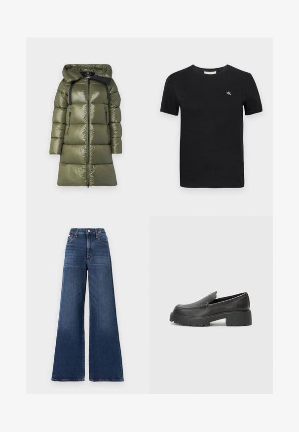 Casaco puffer verde-oliva com acabamento brilhante, apresentando capuz, correias pretas e dois bolsos laterais com fecho de correr. Corte reto com fecho frontal.; T-shirt de algodão preto com um clássico decote redondo, mangas curtas e um pequeno logótipo bordado "ck" em branco no peito.; Fatos de ganga de cintura alta e perna larga, feitos de denim azul-escuro, com fecho de botão, cinco bolsos e um desgaste subtil nas coxas.; Mocassins de couro preto com bico arredondado, sola espessa e texturizada, e detalhes de costura minimalistas. Design elegante sem atacadores ou ferragens visíveis.