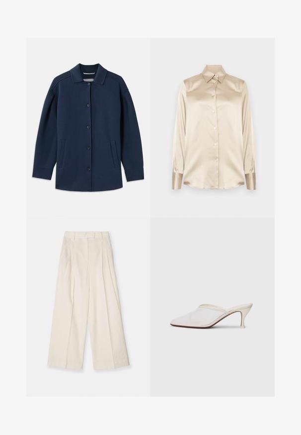Jachetă bleumarin cu guler, butoane frontale, buzunare laterale și o croială lejeră cu mâneci largi. Fabricată dintr-un material moale.; Cămașă din satin bej cu guler ascuțit, mâneci lungi, închidere cu nasturi și manșete cu o finisare ușor lucioasă. Fără modele sau accente.; Pantaloni cu croială largă dintr-un material texturat de culoare crem. Prezintă un talie înaltă cu pliuri, bucle pentru centură și un design curat, minimalist.; Mule alb cu plasă, cu vârf ascuțit, toc subțire de înălțime medie și design slip-on, pe un fundal simplu.