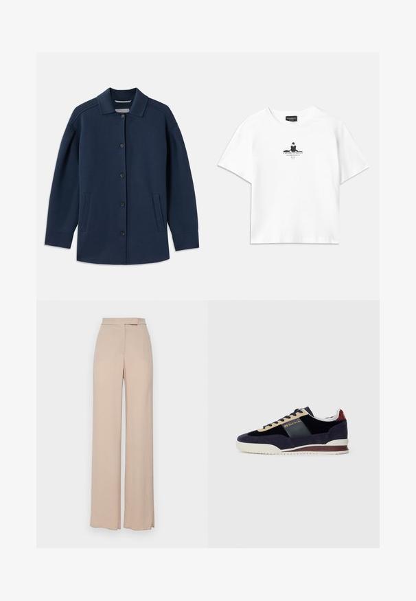 Tumesinine jakkk, millel on krae, ees nupud, küljetaskud ja lõdvestatud istuvus laiate varrukatega. Valmistatud pehmest kangast.; Valge puuvillane t-särk, millel on lahtine lõige, koos keskosas asuva musta graafilise trükiga, mis sisaldab teksti ja silueti disaini.; Bežid laiad püksid, mis on valmistatud kergest kangast. Omavad sileda tekstuuri, eesmist taskut ning diskreetset vöökoha disaini.; Tumesinine nahast tossud beige ja tumesiniste detailidega. Omab valget kummist tallat ja kuldset brändi tähist küljel. Klassikaline spordidisain.