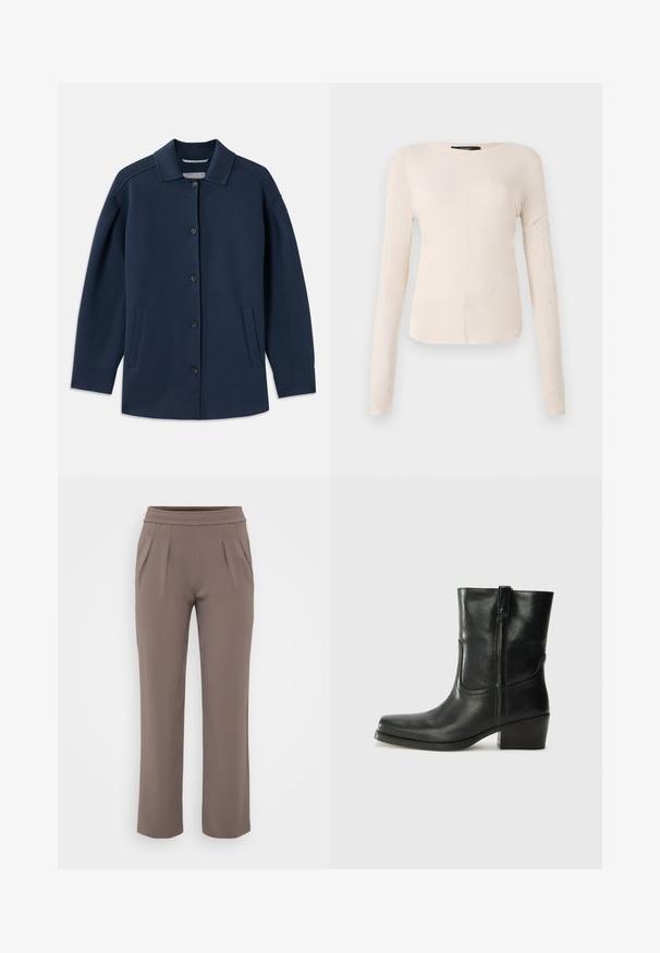 Navy blue jacket featuring a collar, front buttons, side pockets, and a relaxed fit with wide sleeves. Made from soft fabric.; Long-sleeve, light beige top with a round neckline. Made of soft fabric, features a central seam and slightly curved hem. No visible hardware.; Taupe loose-fit trousers with elastic waistband and front pleats, made from smooth fabric.; Black leather ankle boot with a rounded toe, block heel, side zipper, and stitching accents on the vamp. Smooth texture, classic design.