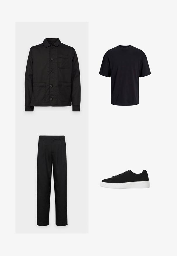 Črna bombažna jakna s ovratnikom, sprednjim gumbom in enim žepom na prsih. Ima dva sprednja našitka in raven rob.; Črna bombažna majica s krojačkom izrezom, kratkimi rokavi in sproščenim krojem. Gladka tekstura in brez vidnih vzorcev ali poudarkov.; Črne hlače iz gladkega materiala, s krojem ravne noge, dvema sprednjima pregiboma in standardnim pasom z zankami za pas.; Črne semiš teniske z zaobljenim nosom, vezanjem spredaj in belim gumijastim podplatom. Preprost dizajn z minimalnimi akcenti in gladko teksturo.