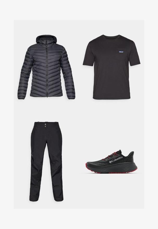 Tumšas pelēkas kapuces pūkainis jaka ar ševronu kviltotu tekstūru, priekšējo rāvējslēdzēju un elastīgām aprocēm. Viegls un plūstošs dizains.; Melna īsām piedurknēm T-krekls, izgatavots no kokvilnas, ar krūšu kabatu un zilu Patagonia logotipu kreisajā pusē.; Melni ūdensizturīgi bikses ar gludu tekstūru, kas aprīkotas ar diviem priekšējiem pogām un sašaurināta kāju dizainu. Uzsvars ar logotipu sānos.; Melnas sporta kurpes ar teksturētu augšdaļu, sarkanām auklām un logotipu. Bieza zole ar rakstainu protektoru, lai nodrošinātu saķeri. Minimālisma dizains, sānu skats.