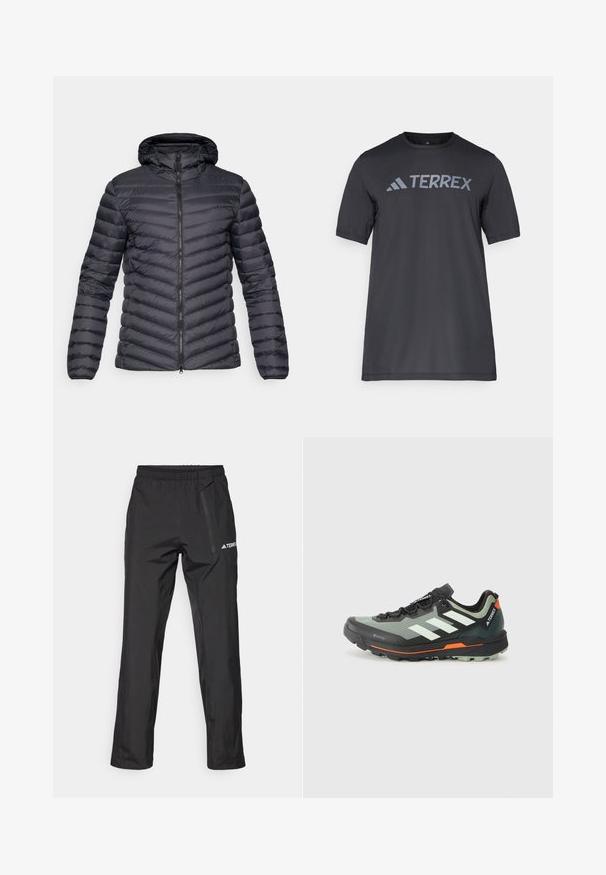 Dark gray hooded puffer jacket with chevron quilted texture, front zipper closure, and elastic cuffs. Lightweight and streamlined design.; Black short-sleeve t-shirt made of lightweight fabric, featuring a light gray “TERREX” logo across the chest and a crew neckline.; Black waterproof trousers made of lightweight fabric, featuring an elastic waistband and side zipper pocket. Simple, tailored design.; Lightweight trail running shoe with a gray and black mesh upper, orange accents, and a rugged outsole for traction. Waterproof Gore-Tex lining.