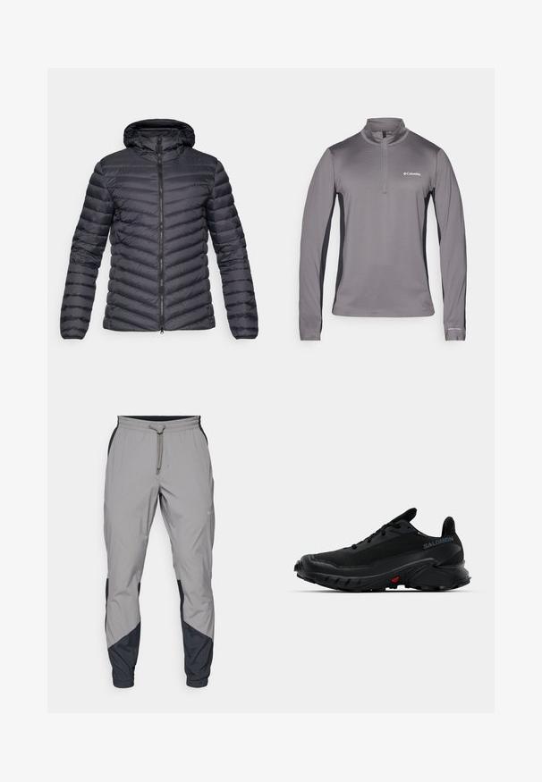 Mørk grå hettejakke i pufferstil med chevron kviltet tekstur, frontlås med glidelås og elastiske mansjetter. Lett og strømlinjeformet design.; Grå genser med lange ermer og halv glidelås, teksturert stoff, kontrasterende svarte sidelapper og liten logo på brystet.; Lettvektige, grå treningsbukser med svarte detaljer. Elastisk midjebånd, snøring, tapered benedesign og sidelommer.; Svarte treningssko med strukturert overdel, avrundet tå og fremtredende gummisåle. Har en logo på siden og røde detaljer på sålen.