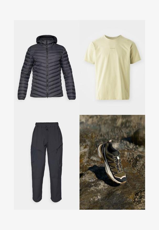 Dunkelgraue Kapuzen-Winterjacke mit Zickzack-Steppung, Reißverschluss vorne und elastischen Bündchen. Leicht und schlank im Design.; Salomon TRACKLINE TEE - Sport T-Shirt - gray green; Schwarze Cargo-Hosen aus leichtem, wasserabweisendem Material; verfügen über einen elastischen Bund, mehrere Reißverschlusstaschen und schmal zulaufende Beine.; Wanderschuh in Olivgrün und Schwarz mit pinken Akzenten. Verfügt über ein strukturiertes Obermaterial, eine flexible Sohle, eine verstärkte Zehenkappe und ein farbenfrohes Schnürsystem.