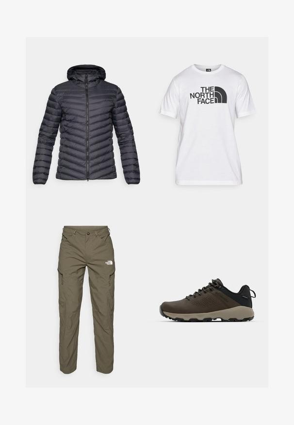 Veste matelassée à capuche gris foncé avec texture en losanges, fermeture éclair à l'avant et poignets élastiques. Design léger et profilé.; T-shirt en coton blanc avec un imprimé graphique noir comprenant du texte et un design de logo courbé. Encolure ronde et manches courtes. Texture lisse.; Pantalons d'extérieur vert olive en tissu léger, avec des poches cargo, des accents zippés et un logo sur la cuisse.; Baskets imperméables marron avec une tige texturée, des accents perforés, un support de talon noir et une semelle en caoutchouc grise. Les lacets sont ornés d'embouts métalliques.