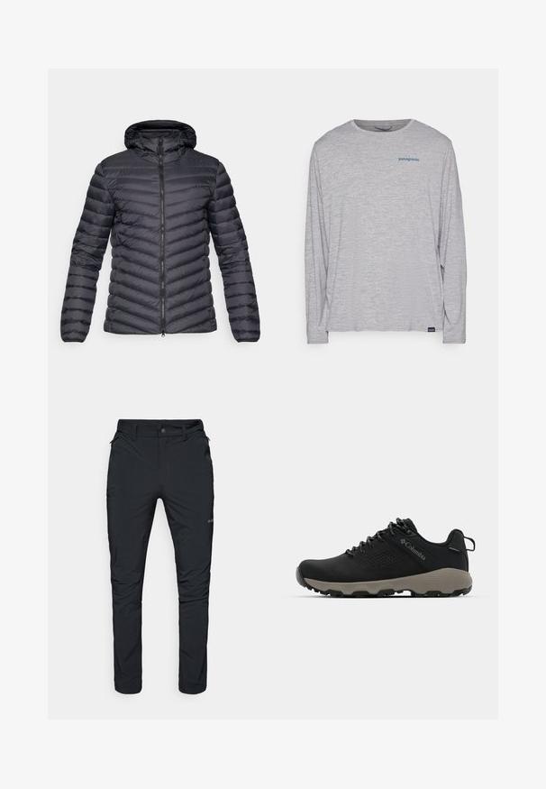 Tumehall puffer jope kapuutsiga, millel on chevroni õmblustega tekstuur, ees lukk ja elastsed mansetid. Kerge ja voolujooneline disain.; Heledhalli pikkade varrukatega t-särk, mis on valmistatud pehmest, tekstureeritud kangast. Omab ümberkaela lõiget ja väikest sinist Patagonia logo rinna peal.; Mustad mustad välitaskud, sirge lõikega, tõmblukkudega taskud, vöödeljed ja kerge, vastupidav kangas.; Mustad matkajalanõud musta ülemise osaga, sileda pinnaga, perforatsiooni disainiga, hallal väljal ja tugevdatud kontsaga. Omab paelu ja tõmbetaba lihtsaks selga panemiseks.