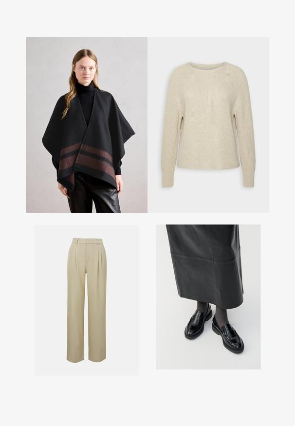 Anna Field Cape - dark brown/camel; Light pink knit sweater with a round neckline, raglan sleeves, and ribbed cuffs. The texture is soft with a relaxed fit and minimal detailing.; Beige wide-leg trousers made of smooth fabric, featuring front pleats, a tailored waistband, and side pockets. Clean hem finish.; Black leather loafers with a smooth finish, featuring a decorative strap, round toe, and textured sole. Worn with a long black leather skirt.