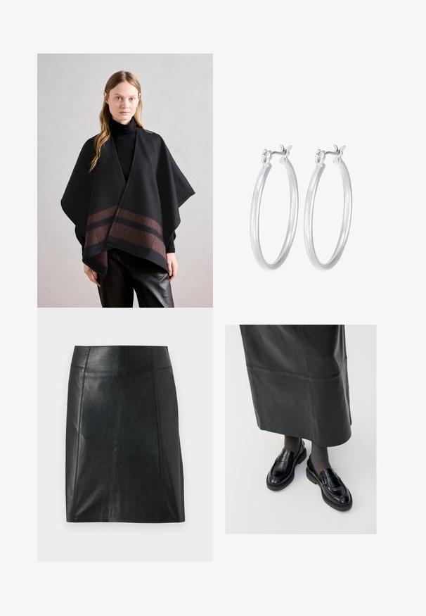 Anna Field Skraistė - dark brown/camel; Du du baltos medvilnės trumpomis rankovėmis marškiniai, su apvaliu iškirpimu ir prigludusia siluetu, turintys lygią tekstūrą ir minimalistinį dizainą.; Juodas odinis sijonas su prigludusia forma. Sklandžiai tekstūra, siūlės apibrėžiančios formą ir tiesus apvadas. Minimalistiškas ir elegantiškas išvaizda.; Juodos odinės loafer bateliai su glotniu paviršiumi, dekoratyvine juostele, apvalia nosimi ir tekstūruotu padu. Dėvimi su ilga juoda odine sijonu.; Sidabriniai auskarai su sklandžiu, poliruotu paviršiumi. Apvalios formos ir saugus uždarymo mechanizmas. Lengvas dizainas, tinkantis kasdieniam dėvėjimui.