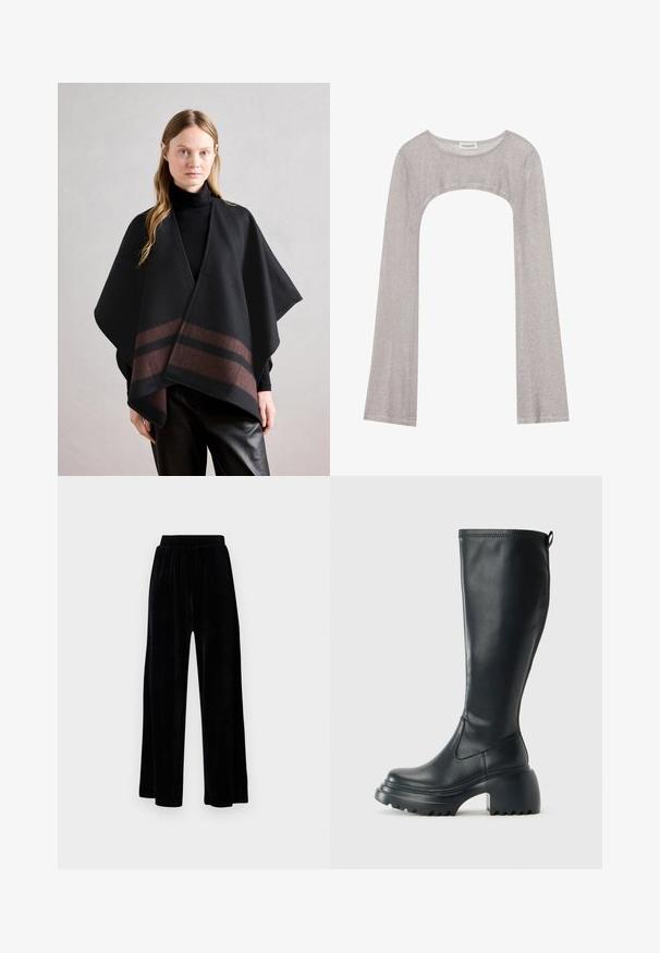 Anna Field Apmetnis - dark brown/camel; Sudraba garām piedurknēm augšdaļa ar noapaļotu dekoltē un izgriezumu zemāk. Izgatavota no teksturēta auduma, ar pieguļošu dizainu un plandošām piedurknēm.; Melni platajā stila bikses, izgatavotas no mīksta samta, ar elastīgu jostu un gludu tekstūru, bez redzamām detaļām vai rakstiem.; Augstas melnas ādas zābakus ar masīvu platformu un bloka papēdi, ar vilkšanas cilpu un strukturētu profilu uz ārējā zoles.