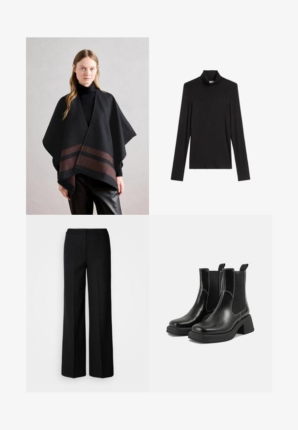Anna Field - Ponczo; Czarny długi rękaw golf z dopasowanym krojem i miękkiego materiału, odporny na zagniecenia, zaprezentowany na białym tle.; Czarne szerokie spodnie o gładkim materiale, z wysokim stanem, dopasowanymi szwami i minimalistycznym designem. Brak widocznych zapięć lub kieszeni.; Czarne skórzane botki Chelsea na mocnej podeszwie, z elastycznymi panelami bocznymi i kontrastującym białym ściegiem. Teksturowane wykończenie.