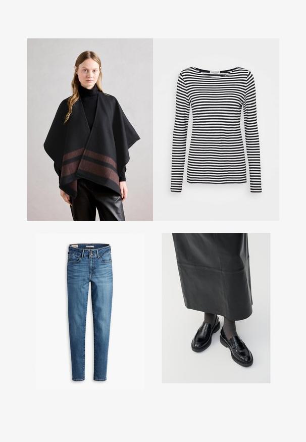 Anna Field Mantella - dark brown/camel; Maglietta a maniche lunghe con collo a giro, caratterizzata da un motivo a righe bianche e nere. Realizzata in tessuto morbido con una vestibilità regolare. Design pulito e minimale.; Jeans skinny a vita alta in denim azzurro chiaro. Presentano cinque tasche, chiusura con bottone frontale e un classico dettaglio di cucitura in tutta la superficie.; Mocassini in pelle nera con una finitura liscia, dotati di una fascia decorativa, punta rotonda e suola texturizzata. Indossati con una lunga gonna in pelle nera.