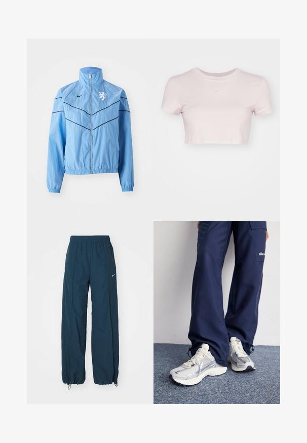 Gaiši zils vēja jaka ar augstu apkakli, rāvējslēdzēju, melnu akcentu līnijām un baltu lauvu logotipu uz krūškurvja. Elastīgas aproces.; Grezno piegriezts T-krekls gaiši rozā krāsā, izgatavots no mīkstas auduma. Tam ir apaļa apmale un īsas piedurknes, ar mazu balto Nike logo krūtīs.; Tumši zili Nike sporta bikses ar brīvu piegriezumu, elastīgu jostasvietu un auklu pie potītēm. Iezīmēta ar diskrētu logotipu malā.; Nike sporta apavi ar sudraba sietu augšdaļu, baltām akcentiem un teksturētām zolēm, saskaņoti ar brīviem zila toņa biksēm.