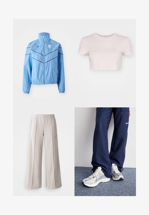Gaiši zils vēja jaka ar augstu apkakli, rāvējslēdzēju, melnu akcentu līnijām un baltu lauvu logotipu uz krūškurvja. Elastīgas aproces.; Grezno piegriezts T-krekls gaiši rozā krāsā, izgatavots no mīkstas auduma. Tam ir apaļa apmale un īsas piedurknes, ar mazu balto Nike logo krūtīs.; Gaiši pelēkas platas bikses, izgatavotas no gludas auduma. Iezīmēta ar elastīgu jostu un melnu Nike logo kreisajā pusē.; Nike sporta apavi ar sudraba sietu augšdaļu, baltām akcentiem un teksturētām zolēm, saskaņoti ar brīviem zila toņa biksēm.